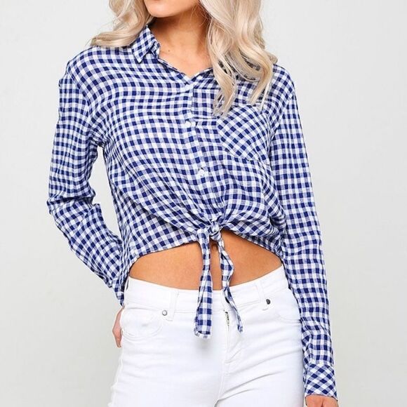Rails Val Navy Blue White Gingham Check Plaid Tie Front Button Down Sz S - Picture 1 of 12